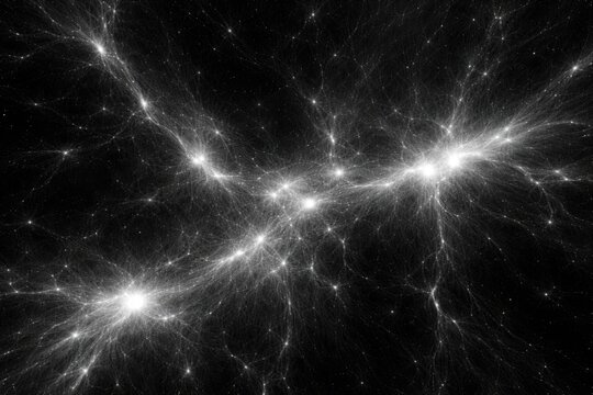 Computer simulated visualization of universe dark matter intensity in black and white