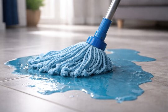 Household mop in blue color cleaning liquid spill indoors