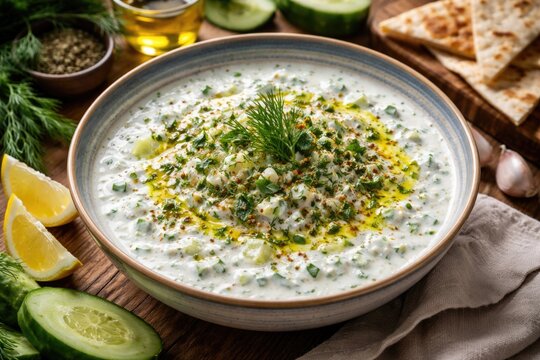 Cacik Turkish cold yogurt appetizer with finely chopped cucumbers