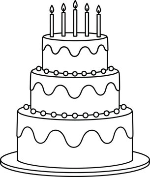 Three Tier Birthday Cake with Candles Line Art Celebration Dessert Party Vector Illustration