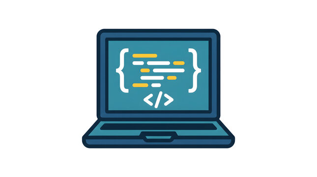 Flat Design Laptop with Programming Code Icon for Software Development and Web Design
