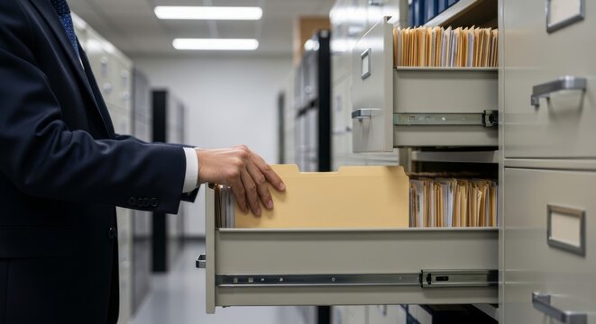 Businessman Organizing Files in Office Filing Cabinet