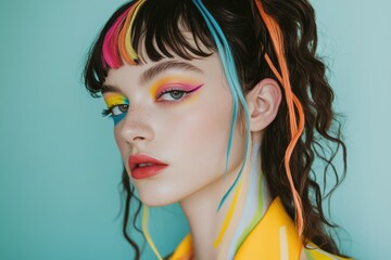 Naklejka premium Trendy hairstyles and colorful makeup with a minimalist style in bright lighting