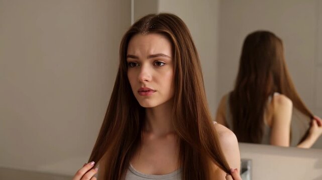 Woman examines long hair while concerned about dandruff in bathroom