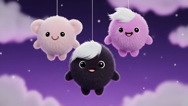Three cute fluffy round monsters hanging on strings. Childhood and friendship concept. Colorful furry characters smiling against a purple cloudy sky