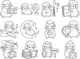 Fototapeta premium Coloring pages of cute sheep random illustration activity. 