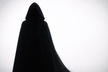 Naklejka premium Dark contour of a person wearing a cloak against a smooth white backdrop with copy space