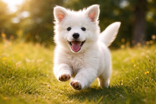cheerful white puppy bounding energetically on a warm summer day