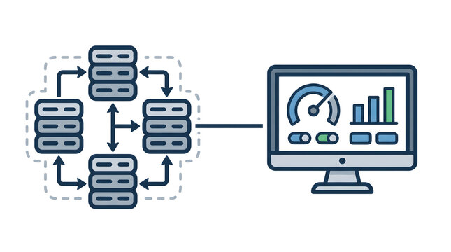 IT Infrastructure: Server Network and Data Analytics Dashboard Illustration