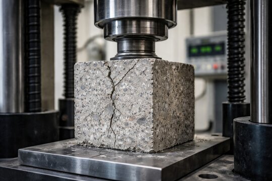 Load application on concrete cube specimen during universal testing machine assessment