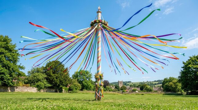 Maypole celebration with colorful ribbons in a green park on a sunny day.