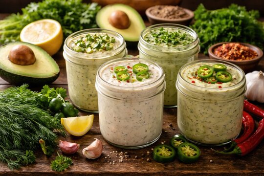 Assortment of homemade ranch condiments with avocado herbs and pepper heat in jars