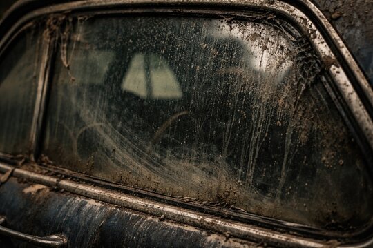 Intimate capture of a grimy car window coated in smudged dust revealing age and disuse