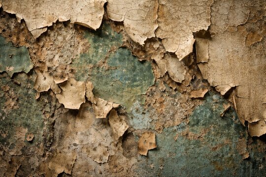 Close up image featuring a peeling painted wall exposing vintage texture layers