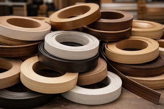 Assorted PVC edge banding rolls piled as furniture fabrication components