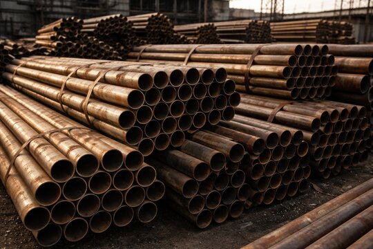 Aged steel pipe stockpiled in industrial storage area