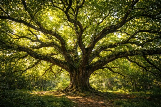 Expansive mature oak tree canopy filled with green leaves and rough limbs
