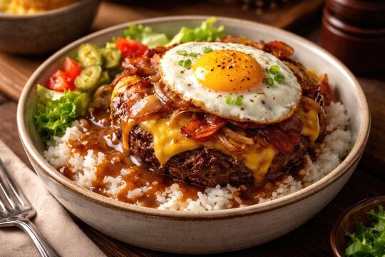 Delicious loco moco bowl combining cheeseburger elements and rice