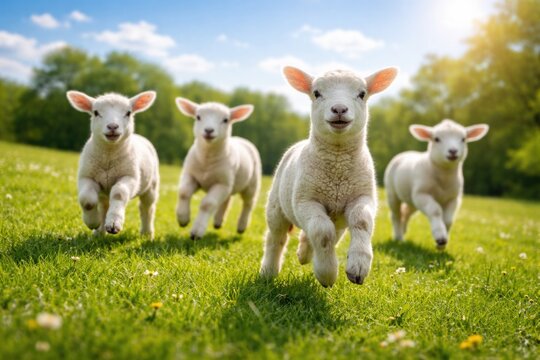 Joyful lambs bounding across a vibrant green lawn under bright summer sky