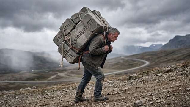 Man carrying stacked stone blocks labeled responsibility family work expectations on back in rugged mountains. Metaphor for personal burdens stress and life challenges in modern adulthood