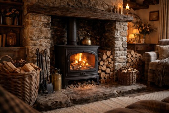 Inviting hearth scene with traditional wood burner and log storage in cottage