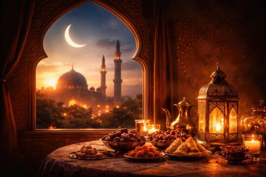 Iftar gathering background showing crescent moon, mosque window, and lantern with Ramadan elements and copy space