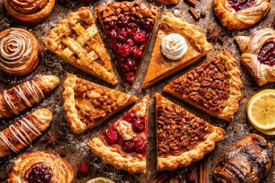 Aromatic pie slices with sweet pastries displayed aerially on a vertical format banner