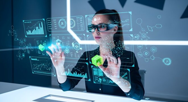 A focused young woman wearing smart glasses interacts with an immersive holographic interface, analyzing complex data visualizations in a modern office.
