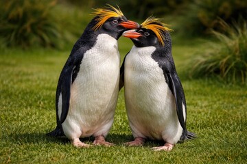 Naklejka premium Full length view of affectionate macaroni penguins on grassy lawn
