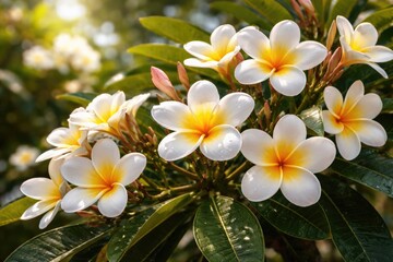 Obraz premium Colorful white and yellow frangipani flowers flourishing on green leafy branches