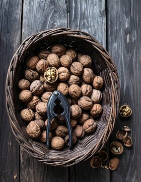 Stillleben, Draufsicht : Ein Korb mit Waln&uuml;ssen und einem Nussknacker auf einem Holztisch.