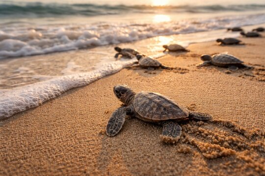 Newborn loggerhead turtles making their first journey to the sea