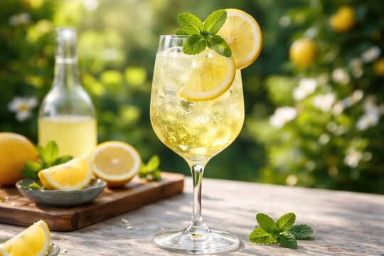 Chilled limoncello spritz in tall cocktail glass with fresh mint and lemon slice on blurred garden scene