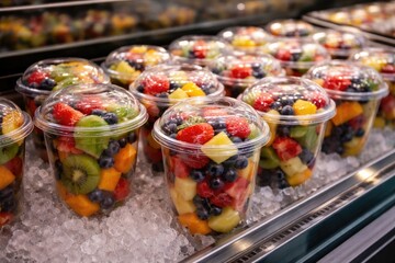 Naklejka premium Chilled fruit salad servings in transparent packaging presented in cold display for purchase
