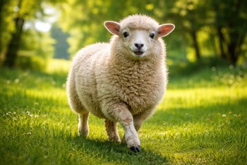 Fototapeta premium Happy pet Ouessant ewe in full length view walking across fresh green summer lawn