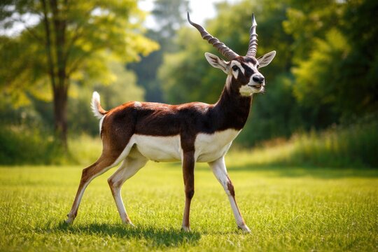 Energetic blackbuck pet enjoying full length view on fresh green grass summer day