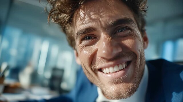 Extreme close up of businessman making funny face and smiling