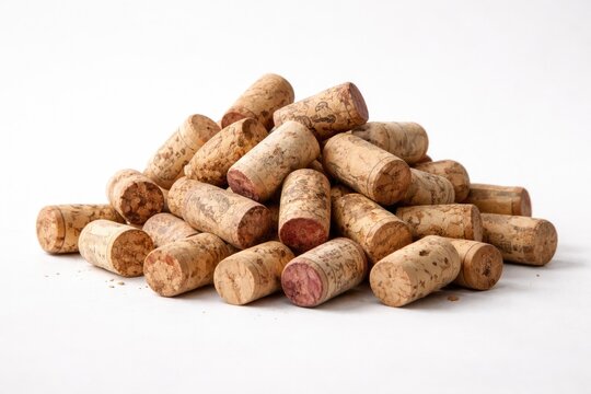 A heap of natural wine corks set against a smooth white canvas