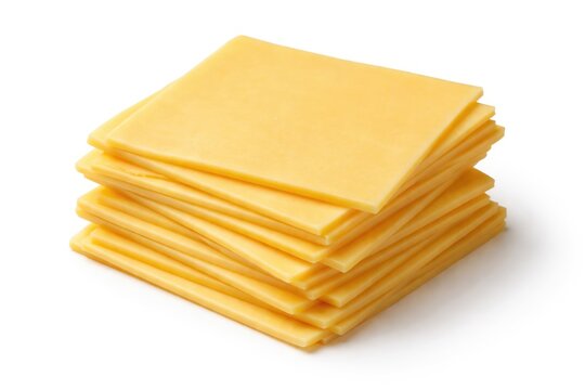Neatly layered cheese slices shown on an evenly lit white background surface