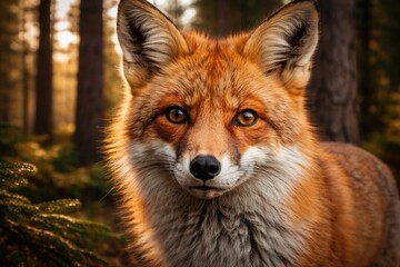Obraz premium Detailed red fox face close up with pine woodland background