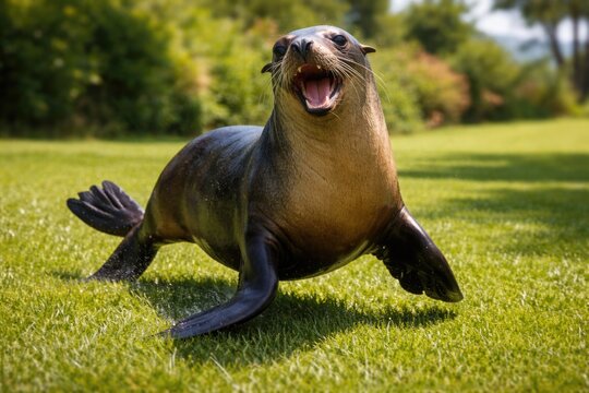 Joyful full length view of sea lion pet romping on green grass lawn in summer