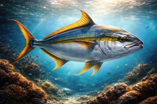 Creative illustration of Mediterranean amberjack fish with striking fin shapes and tones