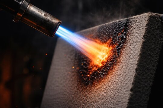 Close up image of flame torch applying heat to test fire resistant material