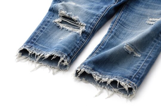 Blue distressed jeans showing frayed edges with flat white background
