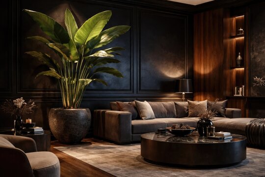 Chic dark living space highlighting a giant potted plant, black molded wall, and refined wooden decor