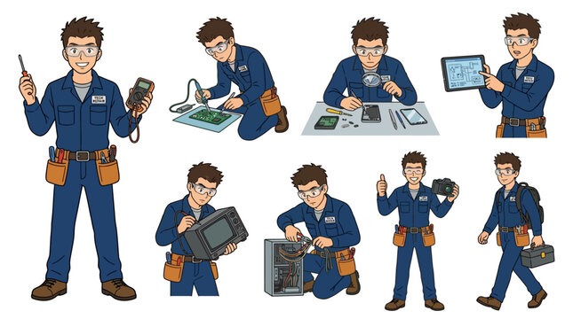 Professional technician in blue uniform performing various electronics repair tasks using specialized tools like soldering irons and digital multimeters correctly.