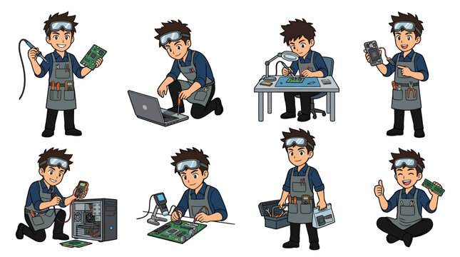 Professional male cartoon electronics technician with safety goggles and apron performs various computer and mobile device repair tasks, showcasing his expertise.