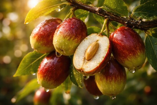 Natural Ziziphus Fruit Hanging from Tree Limb with Sweet Nutrient Filled Pulp
