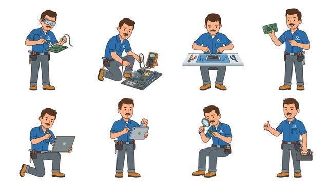 A skilled cartoon computer and electronics repair technician, wearing a uniform and tool belt, performs various maintenance, service, and diagnostic tasks.