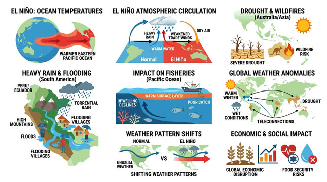El Ni&ntilde;o weather phenomena depicted with ocean temperatures, atmospheric circulation, and global impacts explained visually.